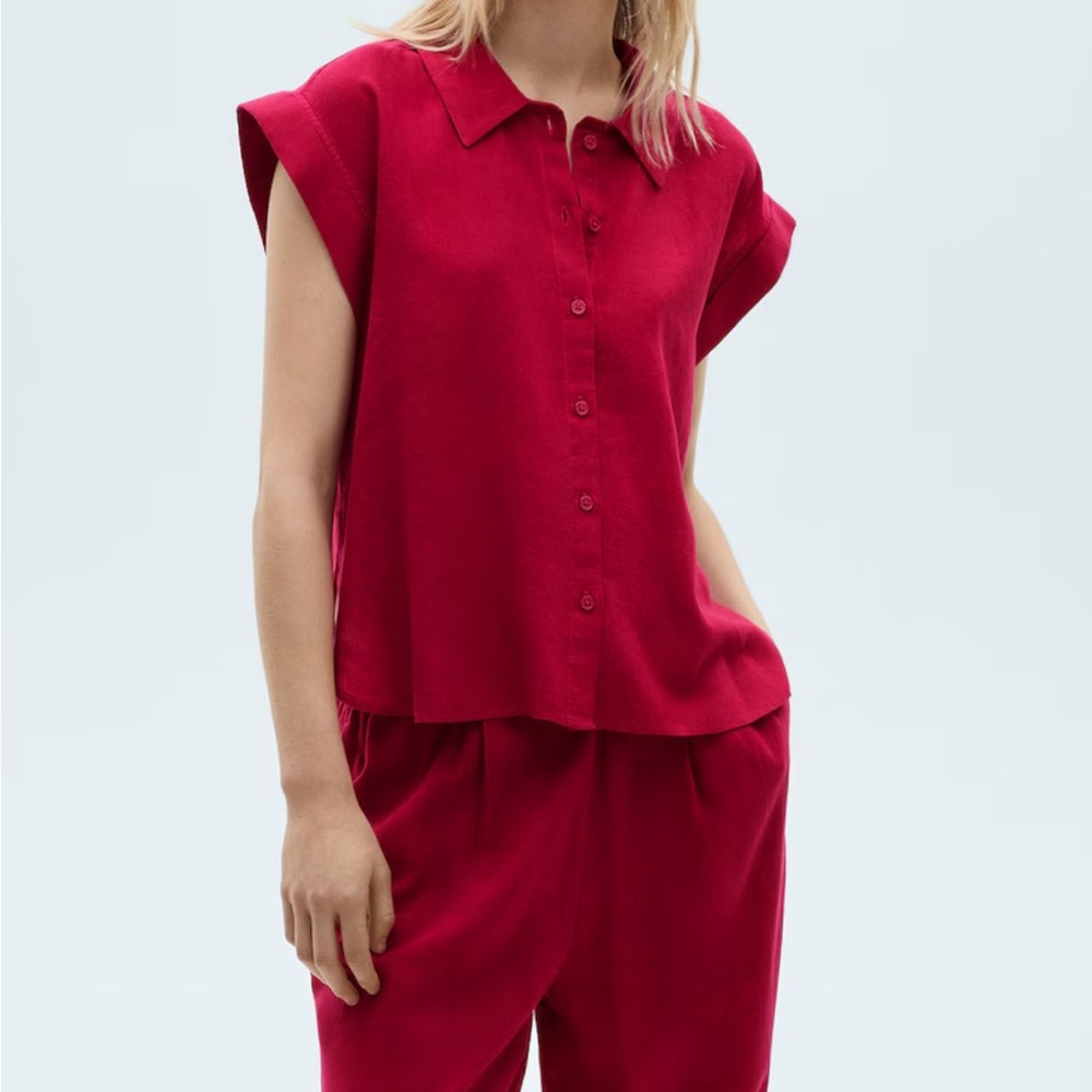 MANGO Flowing Linen Blouse FUCHSIA